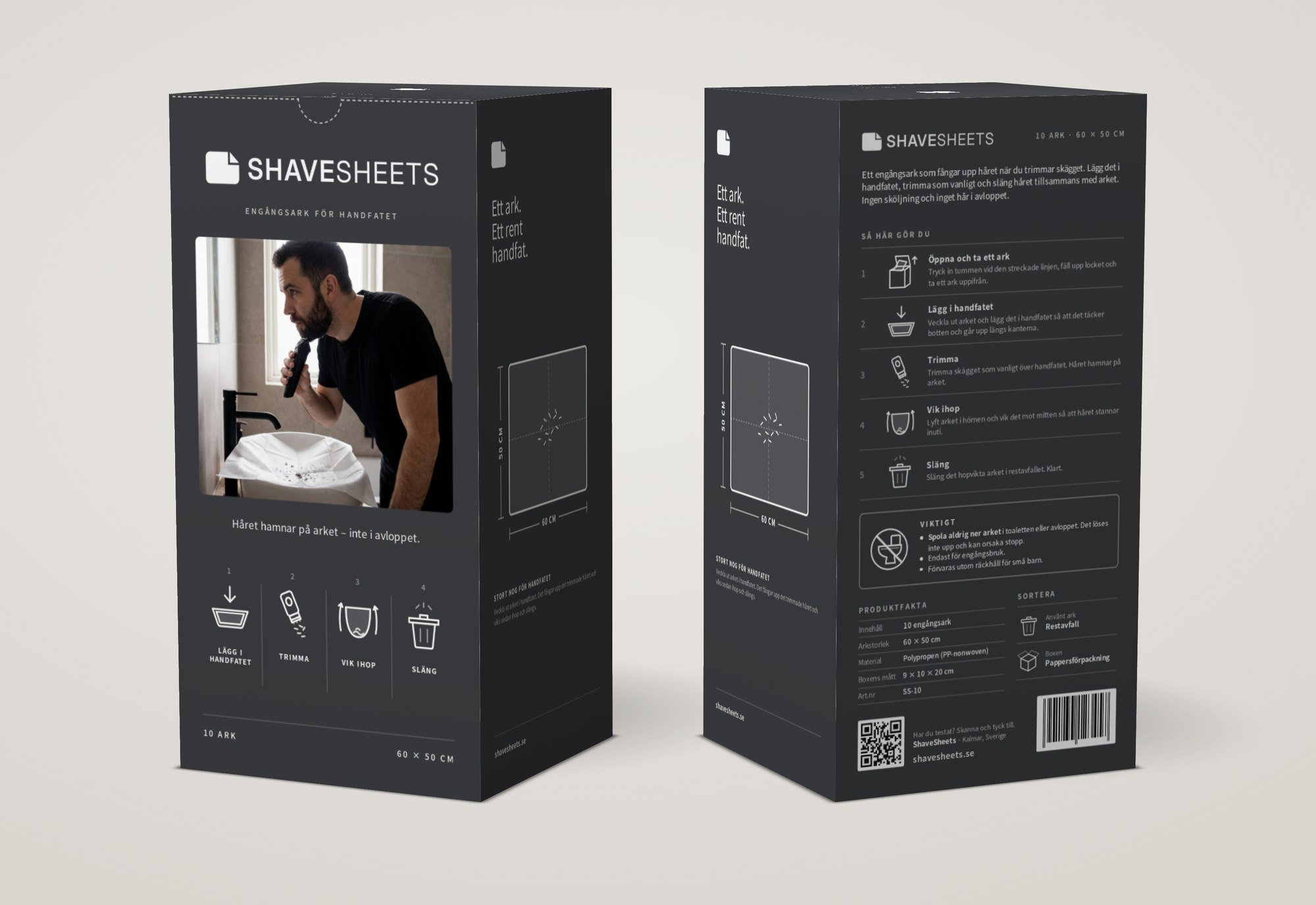 ShaveSheets-boxen framifrån och bakifrån. Framsidan har en bild av handfatet och fyra steg. Baksidan har instruktioner, produktfakta och sortering.